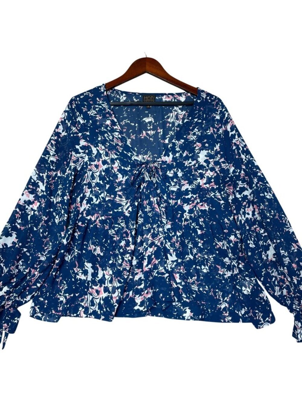 Modlusive Women's 1X Blue & Pink Floral Print Long Sleeve V-Neck Blouse i2008